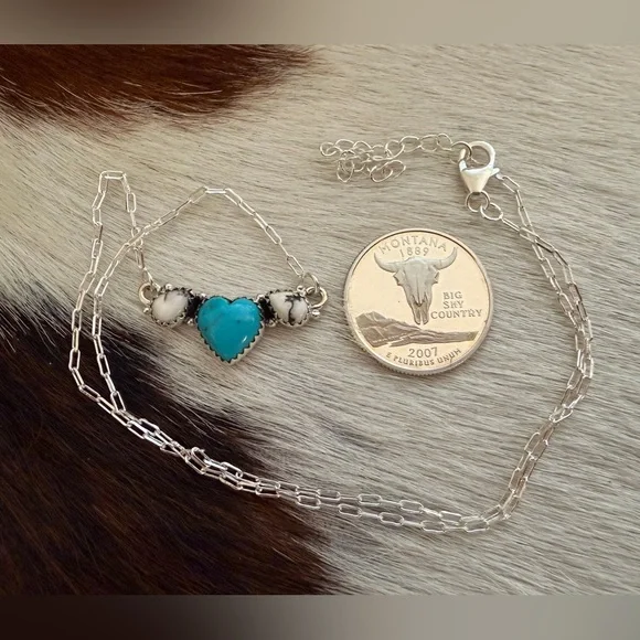 ❤️Kingman Heart Turquoise & Wild Horse Jasper 16+2” Adjustable Sterling Necklace - Picture 9 of 16